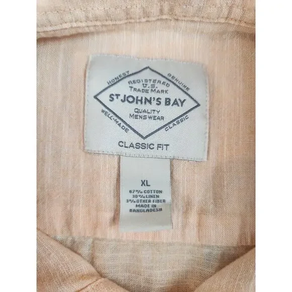 St. Johns Bay mens sz XL classic fit orange button up short sleeve cotton linen - Picture 3 of 8